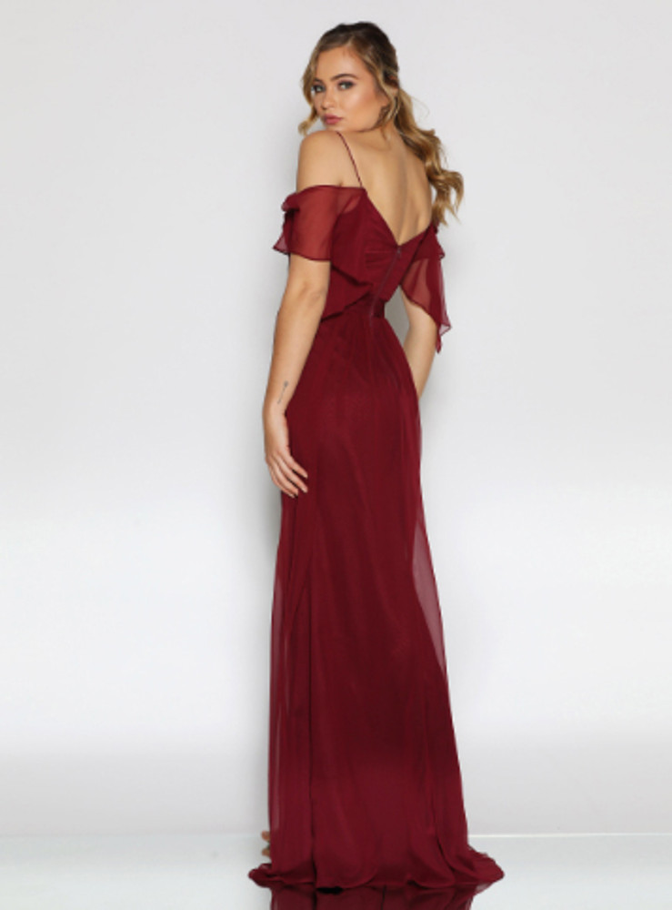 Salome Dress By Les Demoiselle LD1098 Cold Shoulder Flutter Sleeve Full Length Chiffon Gown