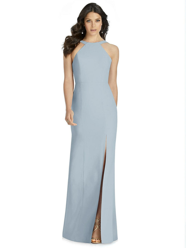 Plunge Neck Halter Backless Trumpet Bridesmaid Dress With Front Slit In Sky  Blue