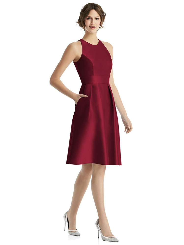 High-Neck Satin Cocktail Dress with Pockets by Alfred Sung Bridesmaids 23 colors D769 in