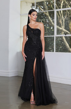 Phoebe Dress JX4030 by Jadore Evening One-shoulder Floor-length Tulle Skirt Thigh-high Split Evening Dress