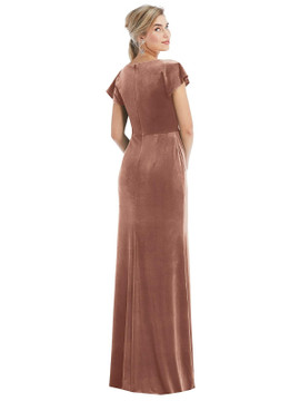 Flutter Sleeve Wrap Bodice Velvet Maxi Dress with Pockets Thread Bridesmaid Style TH057