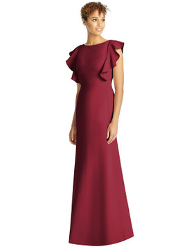 Ruffle Cap Sleeve Open-back Trumpet Gown by Studio Design 4539 in 31 colors in claret