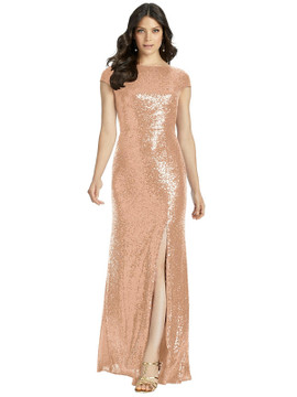 Cap Sleeve Cowl-Back Sequin Gown with Front Slit By Dessy Bridesmaid 3043 in 7 colors