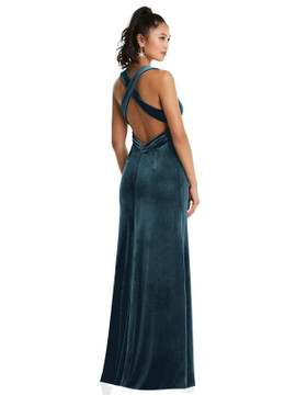 Plunging Neckline Velvet Maxi Dress with Criss Cross Open-Back Thread Bridesmaid Style TH082 in 9 colors