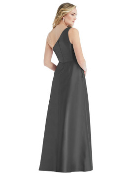 Pleated Draped One-Shoulder Satin Maxi Dress with Pockets By Alfred Sung D821 in 36 colors