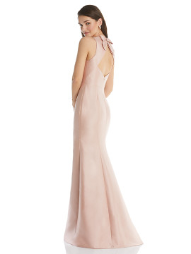 Jewel Neck Bowed Open-Back Trumpet Dress with Front Slit By Alfred Sung D824 in 36 colors