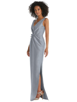 Pleated Bodice Satin Maxi Pencil Dress with Bow Detail By Alfred Sung D810 in 36 colors