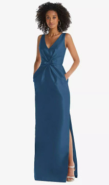 Pleated Bodice Satin Maxi Pencil Dress with Bow Detail By Alfred Sung D810 in 36 colors