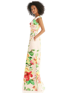 Blush Pink Floral Off-the-Shoulder Draped Wrap Maxi Dress By Alfred Sung D817FP  in blush bouquet