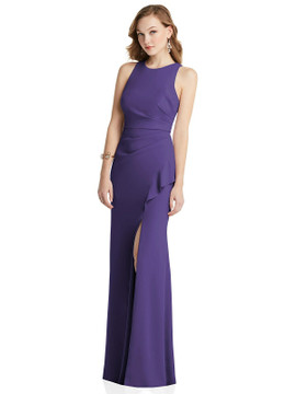 Halter Maxi Dress with Cascade Ruffle Slit by Dessy style 3081 available in  32 color shown in Regalia