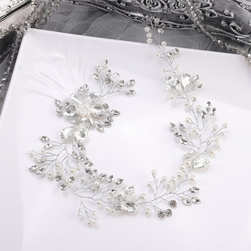 Silver Leaf Crystal Pearls Wedding Headband (MITIARA11)