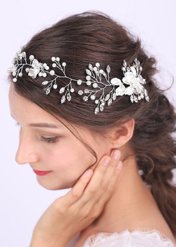 Silver Leaf Crystal Pearls Wedding Headband (MITIARA11)
