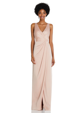 Faux Wrap Whisper Satin Maxi Dress with Draped Tulip Skirt by After Six 6864  available in 24 colors