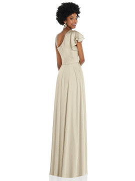 Draped One-Shoulder Flutter Sleeve Maxi Dress with Front Slit by Dessy Collection 3099