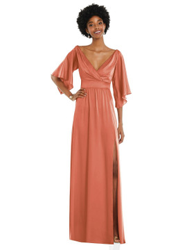 Asymmetric Bell Sleeve Wrap Maxi Dress with Front Slit by Dessy Collection 3102