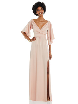Asymmetric Bell Sleeve Wrap Maxi Dress with Front Slit by Dessy Collection 3102  in terracotta copper in US L