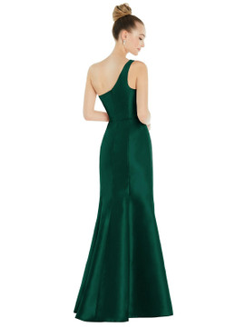 Draped One-Shoulder Satin Trumpet Gown with Front Slit by Alfred Sung D827