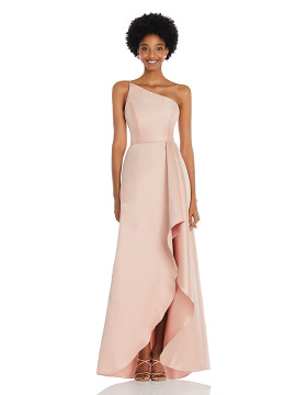 One-Shoulder Satin Gown with Draped Front Slit and Pockets by  Alfred Sung D831 available in 37 colours