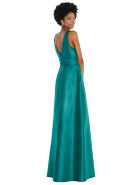 Jewel-Neck V-Back Maxi Dress with Mini Sash by Alfred Sung D825 available in 35 colours