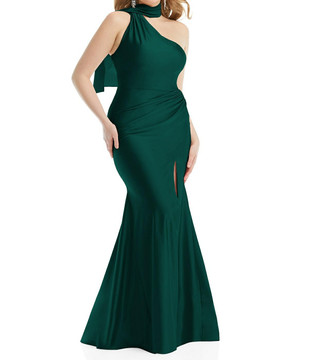 Scarf Neck One-Shoulder Stretch Satin Mermaid Dress with Slight Train CS109 in 16 colors by  Cynthia & Sahar