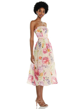 Strapless Pink Floral Organdy Midi Dress by Alfred Sung D834FP