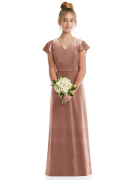 Dessy Junior Bridesmaids Dress Flutter Sleeve Tie Back Velvet JR560