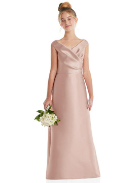 Dessy Junior Bridesmaids Dress Off-the-Shoulder Draped Wrap Satin JR556