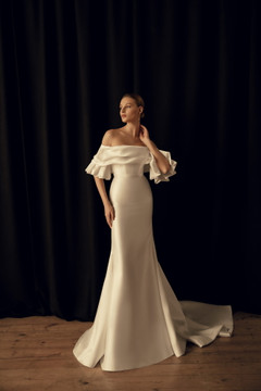 Hilary Fitted Mikado Wedding Dress with Optional Pearls Bolero or voluminous Sleeves by Luce Sposa ($2000- $2300)