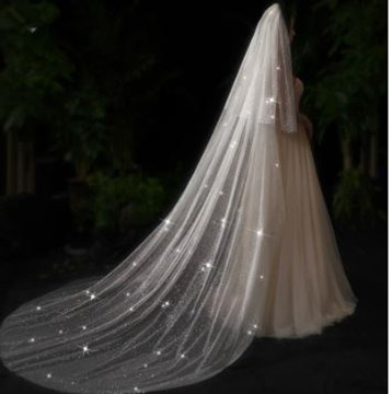  Long Double Tier Shimmering Glitter Bridal Veil with Pearls & Ribbon Edge 