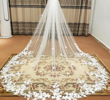 Cathedral One Layer White Wedding Veil With Lace Edge  300cm 