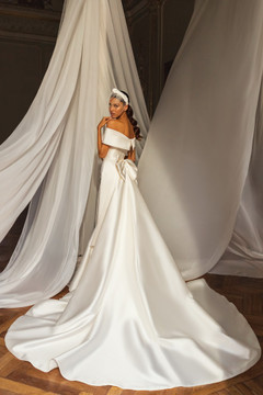 Emerson Mikado Wedding Gown By Luce Sposa with removable lace bow and draped high back