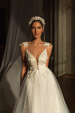  Kimberly A Line Wedding Gown By Luce Sposa with glitter, embroidery and lace