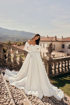Melo Maleo jacquard A Line Wedding Dress with optional Detachable long sleeves 