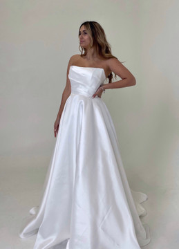 Eliana Sqaure Neck Strapless Wedding Gown Front Split in Satin or Mikado 