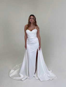 Amelie Ruched Details Fitted Wedding Gown with optional Overlay Skirt in Satin or Crepe