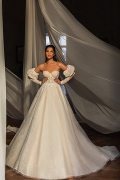 Jordyn A-Line Lace Corset Wedding Gown By Luce Sposa with Attachable Long Sleeves (Available Online Only)