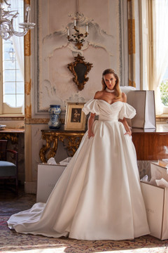 Roberta Mikado A-line off-shoulder Wedding Gown By Luce Sposa with voluminous ruffle sleeves