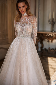 Massima A-line Wedding Gown By Luce Sposa with Boat Neckline and Long Sleeves