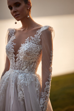 Selena A-line Wedding Gown By Luce Sposa with Illusion Deep V Neckline and Long Sleeves