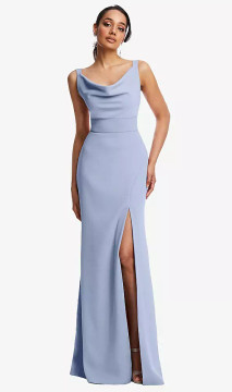 GRACIE  COWL-NECK WIDE STRAP CREPE TRUMPET GOWN WITH FRONT SLIT TH114 By Thread Bridesmaids in 32 colors
