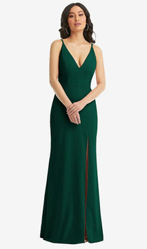 SKINNY STRAP DEEP V-NECK CREPE TRUMPET GOWN WITH FRONT SLIT TH112 By Thread Bridesmaids in 29 colors