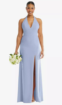 PLUNGE NECK HALTER BACKLESS TRUMPET GOWN WITH FRONT SLIT TH110 By Thread Bridesmaids in 29 colors