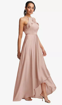 RUFFLE-TRIMMED BODICE HALTER MAXI DRESS WITH WRAP SLIT TH115 in 25 colours