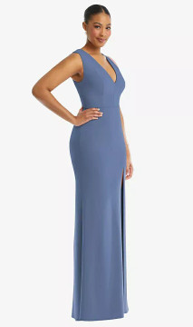 DEEP V-NECK CLOSED BACK CREPE TRUMPET GOWN WITH FRONT SLIT TH111 By Thread Bridesmaids in  29 colours 