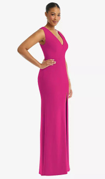 DEEP V-NECK CLOSED BACK CREPE TRUMPET GOWN WITH FRONT SLIT TH111 By Thread Bridesmaids in  29 colours 