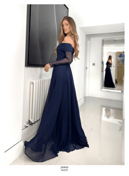Valentina Dress JX6032 By Jadore Evening Off the Shoulder Long Sleeve Evening Dress in Navy size 10