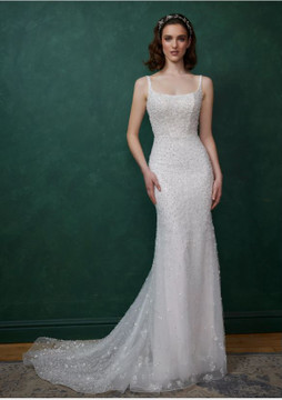 Apollo Square Neck Beaded Lace Sheath Gown by Calla Blanche Bridal 