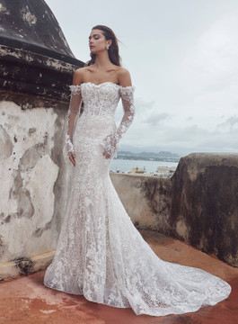 Amal Straight Across Beaded Lace Sheath Wedding Gown by Calla Blanche Bridal 