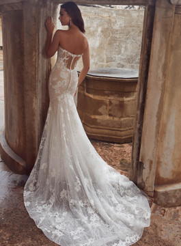 Lina Straight Across Beaded Lace Sheath Wedding Gown by Calla Blanche Bridal (Available Online Only) (Call for Price)