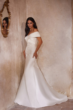 Ambrosia fitted mikado wedding dress with embroided lace and a detachable overskirt (Pre Order Only)